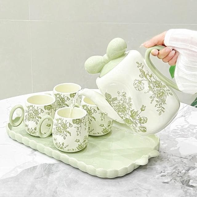 MuShang 慕尚 奶油風陶瓷水杯套裝 下午茶茶具 家用客廳待茶具 客復古花朵水壺茶杯茶具 喬遷新居送人禮物
