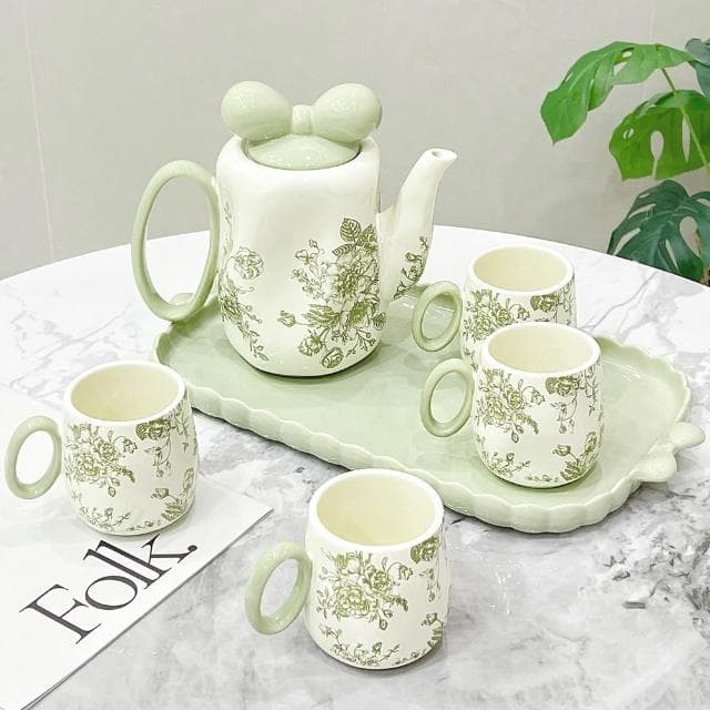 MuShang 慕尚 奶油風陶瓷水杯套裝 下午茶茶具 家用客廳待茶具 客復古花朵水壺茶杯茶具 喬遷新居送人禮物
