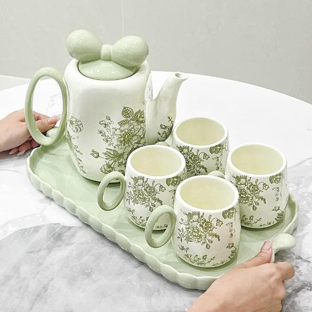 MuShang 慕尚 奶油風陶瓷水杯套裝 下午茶茶具 家用客廳待茶具 客復古花朵水壺茶杯茶具 喬遷新居送人禮物
