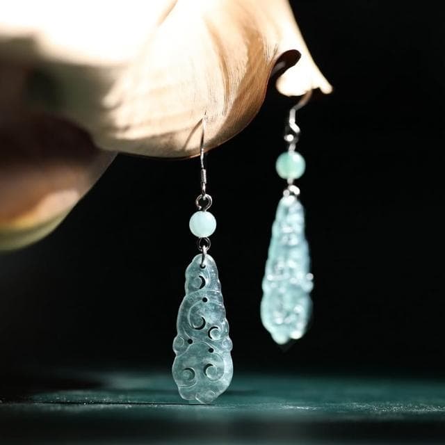 【LEEHER】耳墜/耳飾/保平安/耳環/耳勾/垂墜耳環/純銀耳還/冰種玉石/古風耳環/禮物/翡翠耳環/玉耳環/藍水/如意耳環/