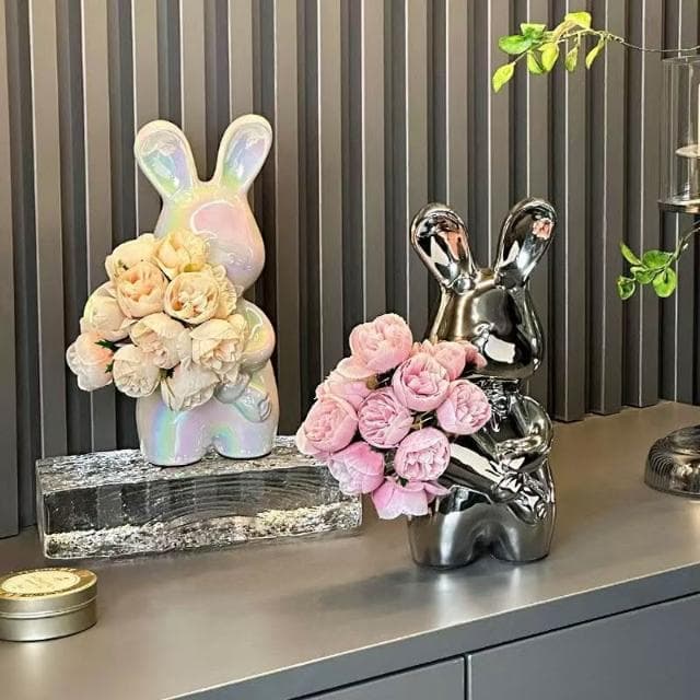 創意藝術手捧兔花瓶高級感插花瓶擺件客廳插花桌面裝飾品喬遷禮物