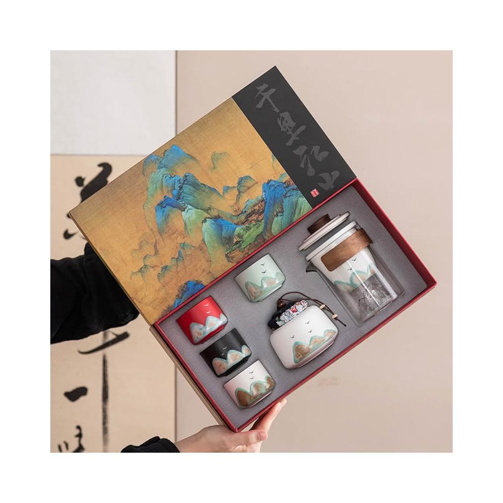 手繪遠山國潮功夫茶具整套禮物品高檔商務送領導老師父親一壺四杯