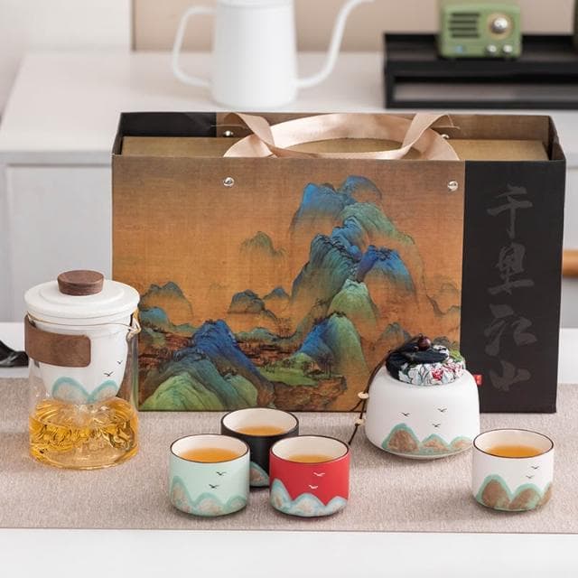 手繪遠山國潮功夫茶具整套禮物品高檔商務送領導老師父親一壺四杯