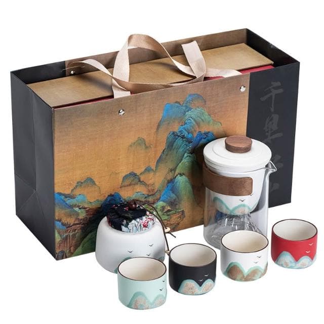 手繪遠山國潮功夫茶具整套禮物品高檔商務送領導老師父親一壺四杯