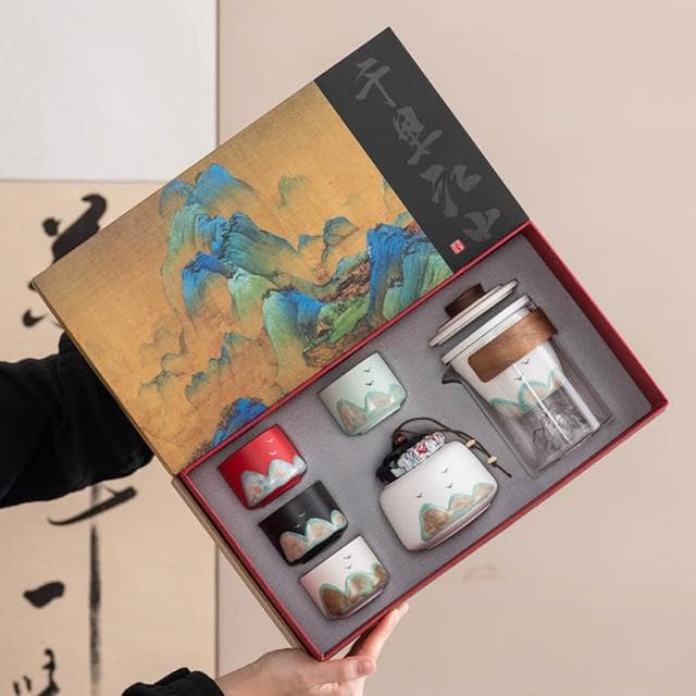 手繪遠山國潮功夫茶具整套禮物品高檔商務送領導老師父親一壺四杯