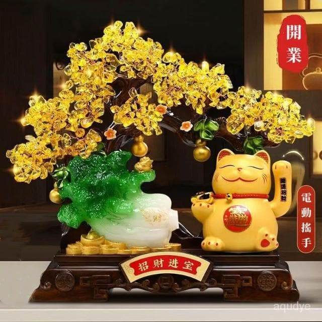 🔥天然水晶 招財貓 搖手 黃水晶 發財樹 聚寶盆 玄關擺飾 開光 發財樹 搖錢樹 招財擺飾 開幕送禮 入昔禮物