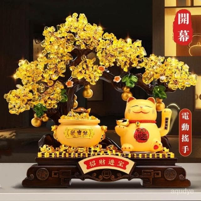🔥天然水晶 招財貓 搖手 黃水晶 發財樹 聚寶盆 玄關擺飾 開光 發財樹 搖錢樹 招財擺飾 開幕送禮 入昔禮物