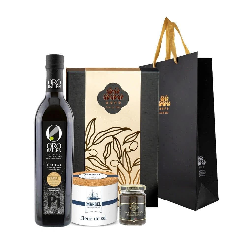 【Oro Bailen 皇嘉】皇嘉御選禮盒 特級冷壓初榨橄欖油500ml+A.R頂黑松露蘑菇醬90g+藍舶鹽之花125g (任選) 伴手禮 年節禮盒 企業採購 商務禮品 入厝禮