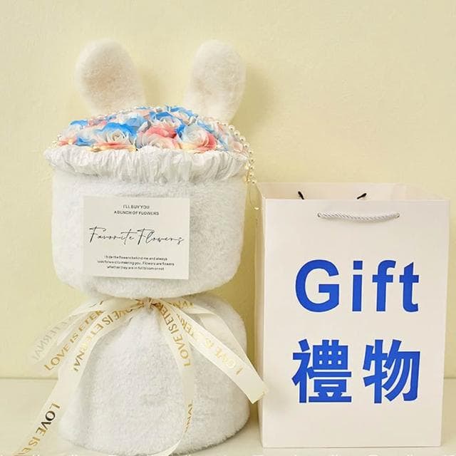 【Warm House Decor 暖和家居】萌萌兔耳玫瑰香皂花 (生日禮物 情人節 七夕 畢業禮物 送女友禮物 閨蜜禮物 香皂花 玫瑰花 花束 禮物)