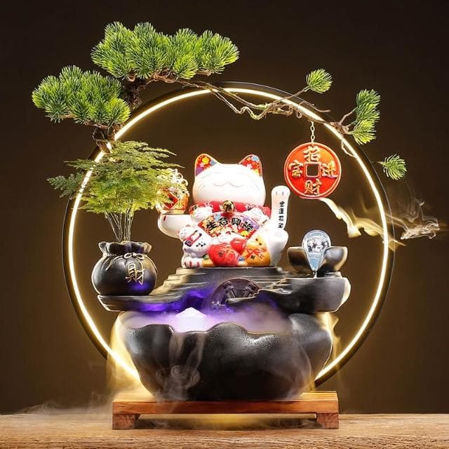 廠家直銷 開業送禮物招財貓擺件自動招手前台入戶客廳辦公室循環流水裝飾品流水聚寶盆 流水擺件 招財擺飾 開運 風水招財流