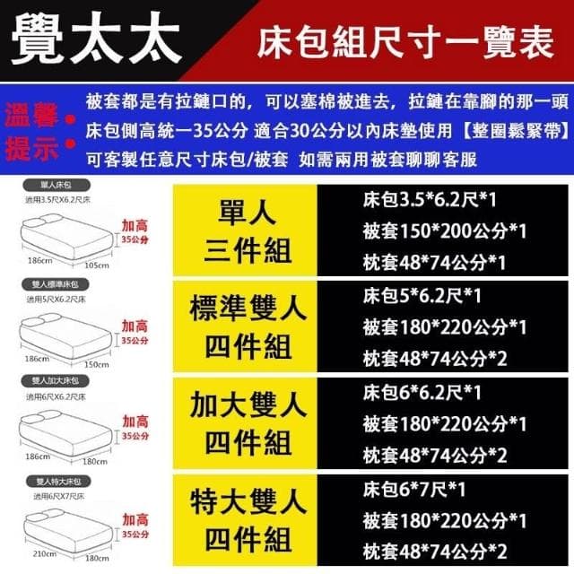 覺太太 頂級舒柔棉床包四件組 無印風 柔軟舒適 雙人床包組 床包加高35公分 單人床罩三件組 加大特大床單被套組 枕頭套