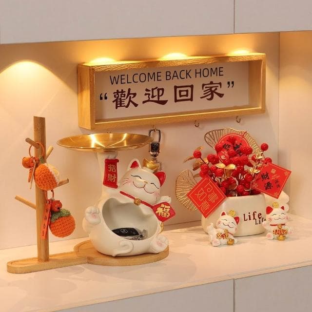 招財貓收納 生日禮物 玄關擺件 鑰匙收納 招財貓擺飾 櫃台招財 前臺 飾品托盤 收納架 收納擺件