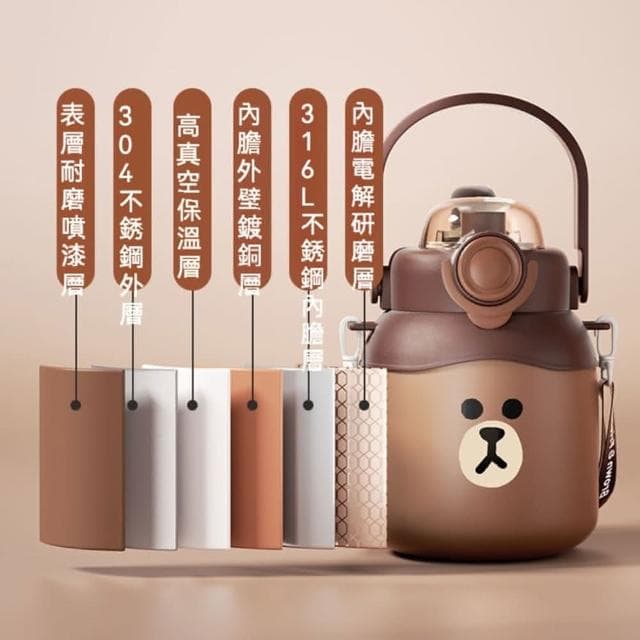 【LINE FRIENDS】熊大保溫壺 3種尺寸 400ml 900ml 1500ml( 正版授權 運動保溫罐 大肚保溫瓶 旅行保溫水壺 316不鏽鋼內膽保溫杯 抽獎禮物 辦公小物 餐廚 送禮 生日禮物 交換禮物 聖誕禮物 )