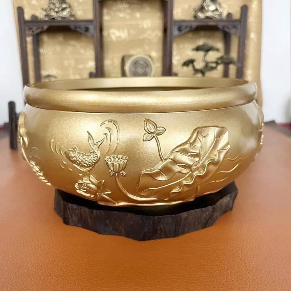 黃銅荷葉年年有餘招財缸浮雕聚寶盆家居辦公創意桌面擺件喬遷禮物