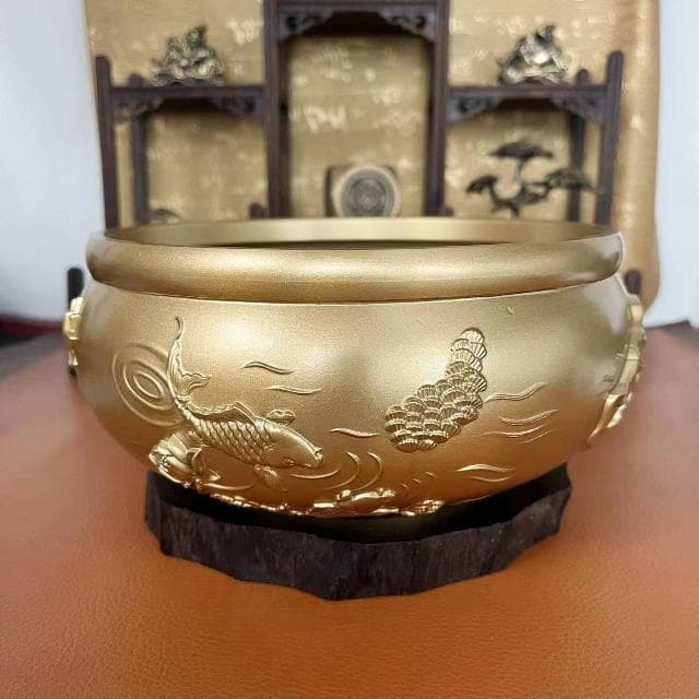 黃銅荷葉年年有餘招財缸浮雕聚寶盆家居辦公創意桌面擺件喬遷禮物