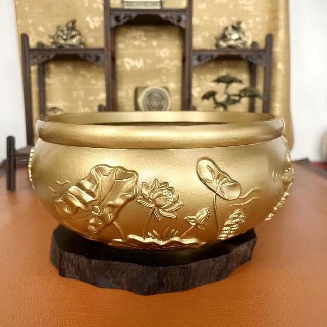 黃銅荷葉年年有餘招財缸浮雕聚寶盆家居辦公創意桌面擺件喬遷禮物