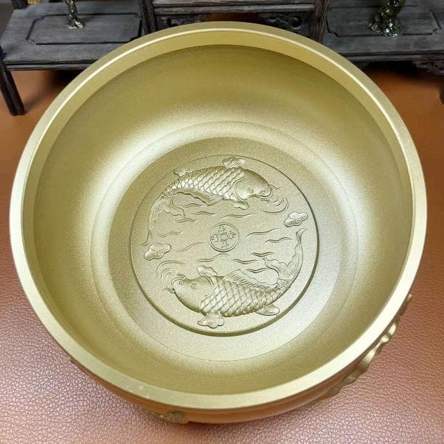 黃銅荷葉年年有餘招財缸浮雕聚寶盆家居辦公創意桌面擺件喬遷禮物