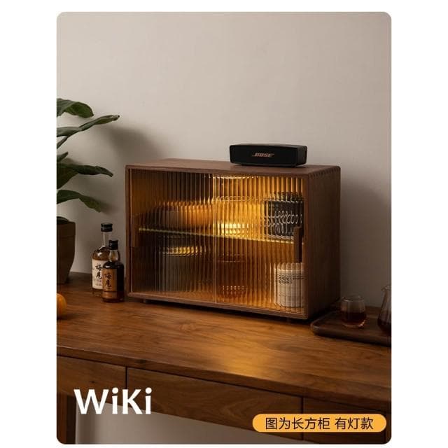 免運 實木桌面收納盒 茶水櫃 感應燈防塵水杯收納櫃 黑胡桃木壁掛收納櫃 茶具杯子置物架