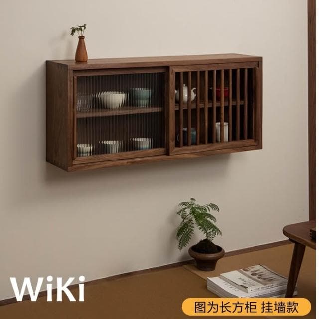 免運 實木桌面收納盒 茶水櫃 感應燈防塵水杯收納櫃 黑胡桃木壁掛收納櫃 茶具杯子置物架