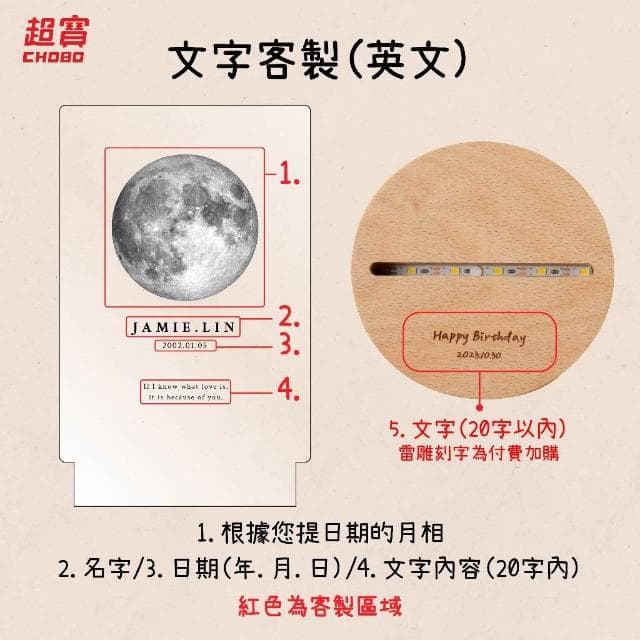 超寶好物館  紀念款月亮小夜燈/訂製夜燈/紀念日/情人節/收藏/情侶/UV印刷/婚禮小物/生日/慶祝/月亮燈