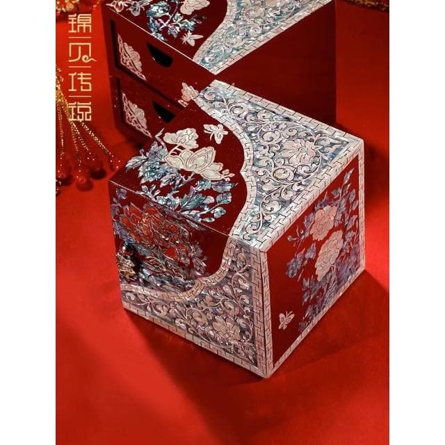 螺鈿漆器五金首飾盒對開國色天香高檔結婚禮物婚嫁收納盒錦貝傳說