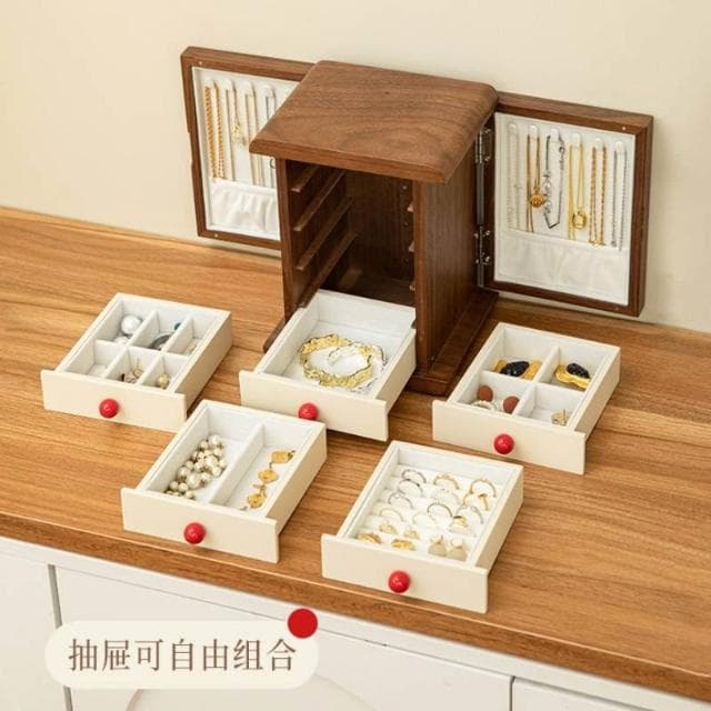 奶白復古立式首飾收納櫃💖ins首飾盒 質感多層飾品收納盒 精緻手環戒指耳飾項鏈飾品多層大容量珠寶盒木質珠寶櫃擺件收納盒