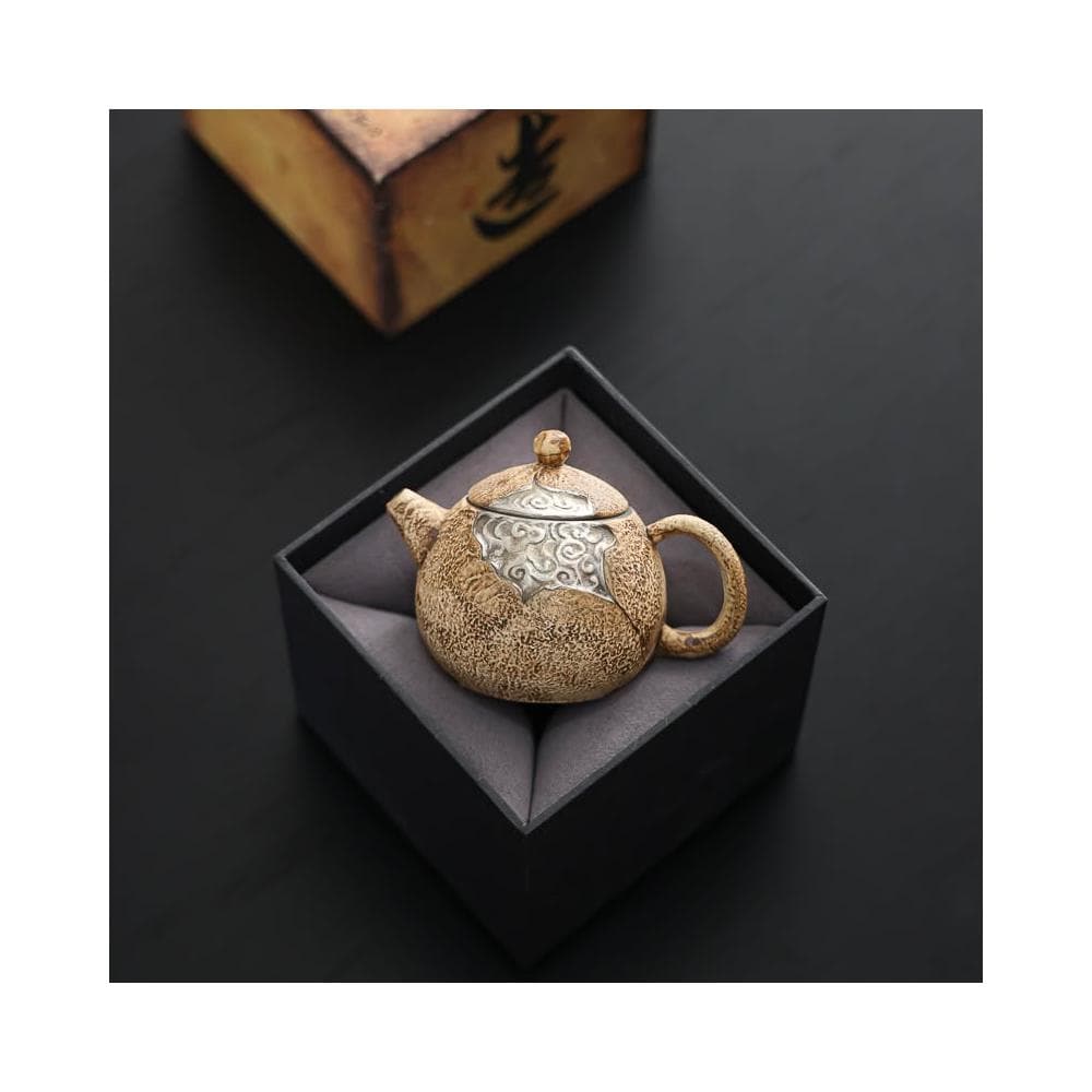 粗陶手工鎏銀茶壺茶具輕奢家用復古中式泡茶壺小號單壺高檔禮盒裝