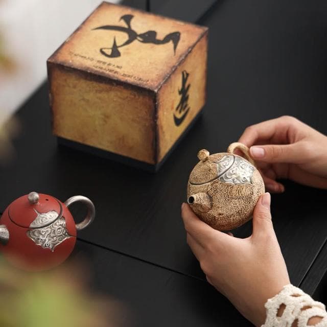 粗陶手工鎏銀茶壺茶具輕奢家用復古中式泡茶壺小號單壺高檔禮盒裝