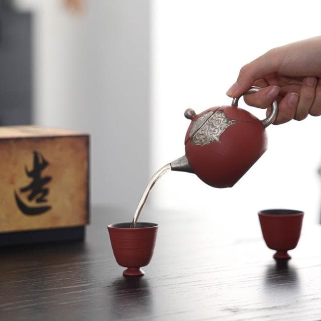 粗陶手工鎏銀茶壺茶具輕奢家用復古中式泡茶壺小號單壺高檔禮盒裝