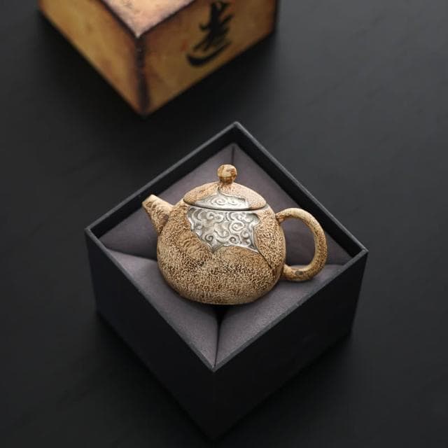 粗陶手工鎏銀茶壺茶具輕奢家用復古中式泡茶壺小號單壺高檔禮盒裝