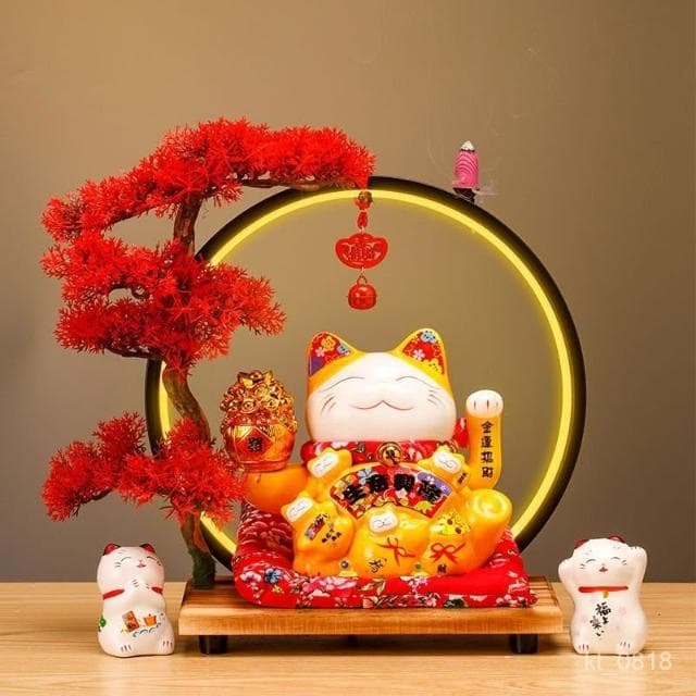 招財貓 搖手招財貓  玄關 燈圈 倒流香招財貓擺件 開運 招財擺飾 風水擺件 入厝禮物 開幕送禮