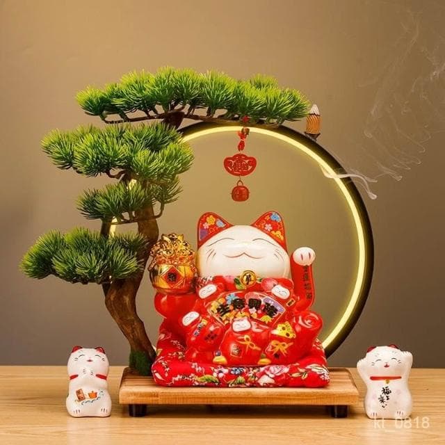 招財貓 搖手招財貓  玄關 燈圈 倒流香招財貓擺件 開運 招財擺飾 風水擺件 入厝禮物 開幕送禮