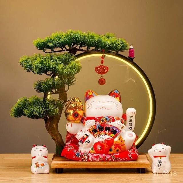 招財貓 搖手招財貓  玄關 燈圈 倒流香招財貓擺件 開運 招財擺飾 風水擺件 入厝禮物 開幕送禮