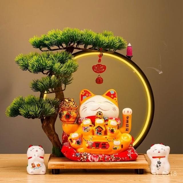招財貓 搖手招財貓  玄關 燈圈 倒流香招財貓擺件 開運 招財擺飾 風水擺件 入厝禮物 開幕送禮