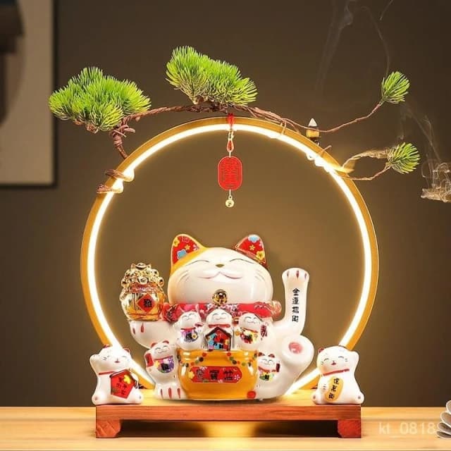 招財貓 搖手招財貓  玄關 燈圈 倒流香招財貓擺件 開運 招財擺飾 風水擺件 入厝禮物 開幕送禮