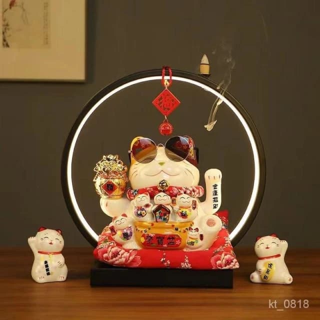 招財貓 搖手招財貓  玄關 燈圈 倒流香招財貓擺件 開運 招財擺飾 風水擺件 入厝禮物 開幕送禮