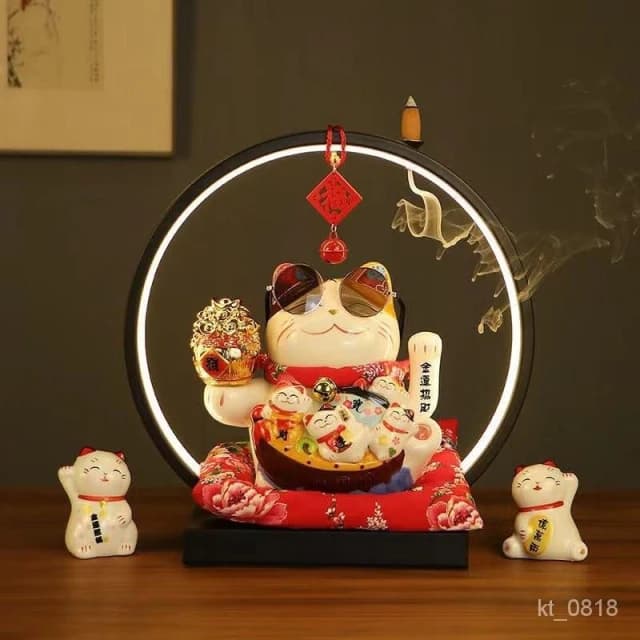 招財貓 搖手招財貓  玄關 燈圈 倒流香招財貓擺件 開運 招財擺飾 風水擺件 入厝禮物 開幕送禮