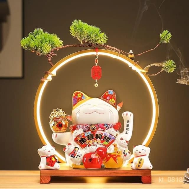 招財貓 搖手招財貓  玄關 燈圈 倒流香招財貓擺件 開運 招財擺飾 風水擺件 入厝禮物 開幕送禮