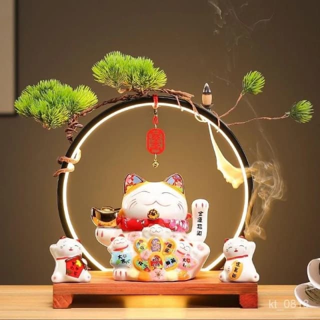 招財貓 搖手招財貓  玄關 燈圈 倒流香招財貓擺件 開運 招財擺飾 風水擺件 入厝禮物 開幕送禮
