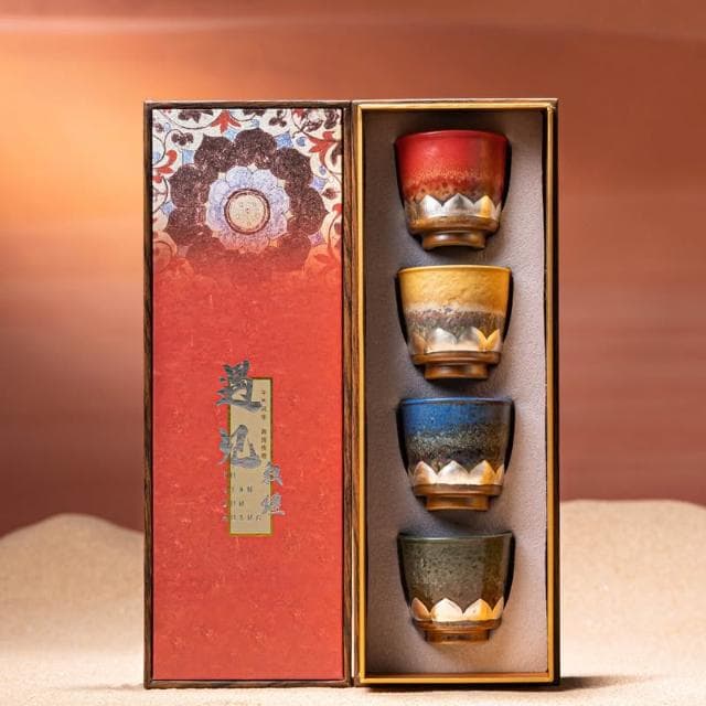 敦煌文創藻井描銀蓮花茶杯套裝禮盒送長輩朋友老師品茗杯伴手禮