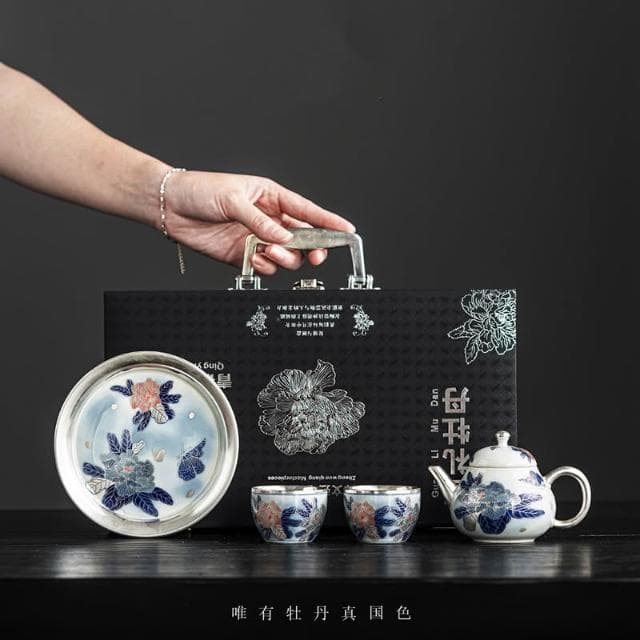 鎏銀茶具套裝掐絲高檔輕奢牡丹銀壺茶杯蓋碗中式功夫茶具送禮禮盒
