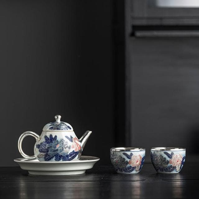 鎏銀茶具套裝掐絲高檔輕奢牡丹銀壺茶杯蓋碗中式功夫茶具送禮禮盒