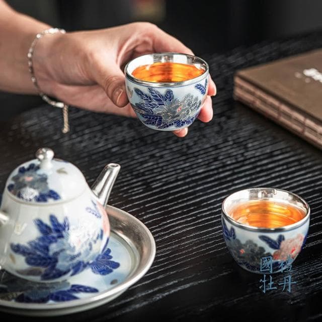 鎏銀茶具套裝掐絲高檔輕奢牡丹銀壺茶杯蓋碗中式功夫茶具送禮禮盒