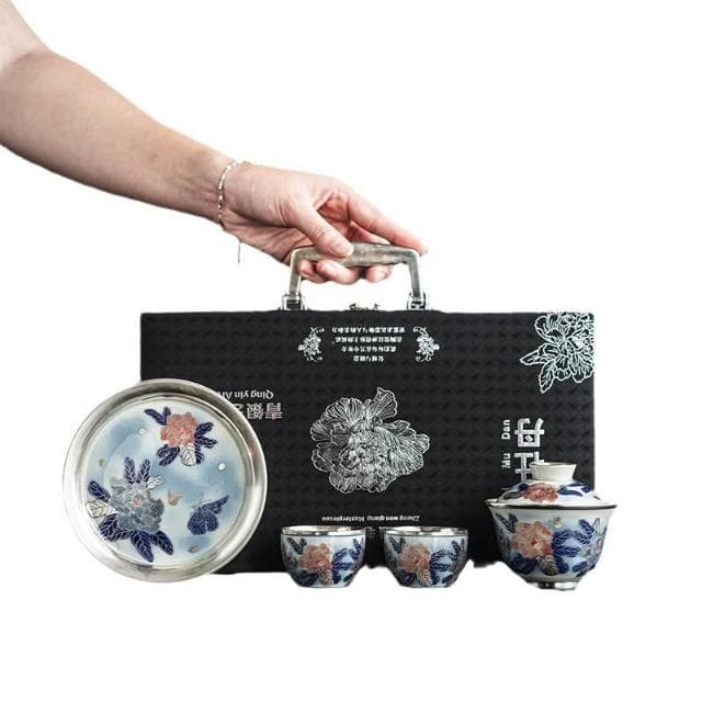 鎏銀茶具套裝掐絲高檔輕奢牡丹銀壺茶杯蓋碗中式功夫茶具送禮禮盒