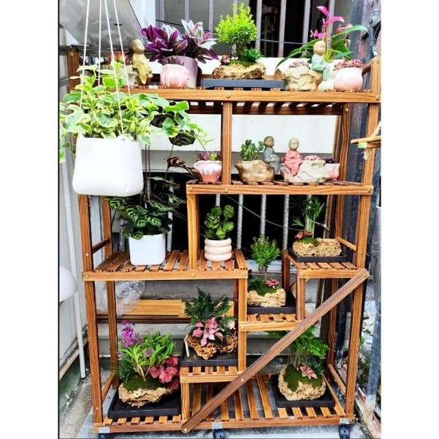 花架 防腐實木客廳陽台室內外置物架 多肉綠蘿植物架 多層實木花架 盆栽架 層架 貓爬架 展示架 階梯花盆架 台沿花架