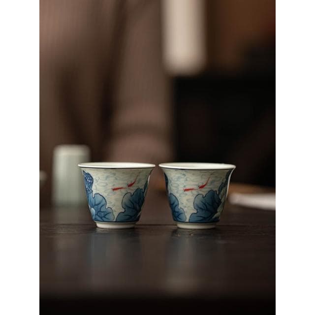 魚戲荷花陶瓷主人杯單個品茗杯 景德鎮釉下彩青花單個茶杯