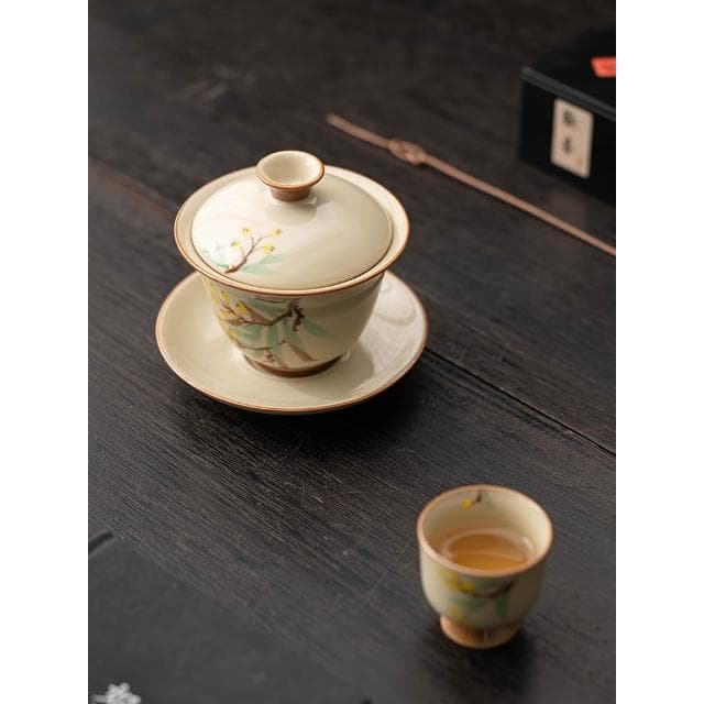 汝窯茶具套裝中式手繪枇杷高檔蓋碗茶杯送領導長輩禮盒裝