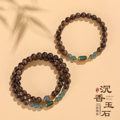 【Paiya 派亞】7mm沈香木串珠手鏈女中國風文藝複古925銀鍍金藍水翡翠手串首飾送禮好物/交換禮物