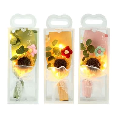 【六分埔禮品】LED編織向日葵綠葉珍珠紗花束(擺飾畢業禮物畢業典禮教師節太陽花針織花毛編)