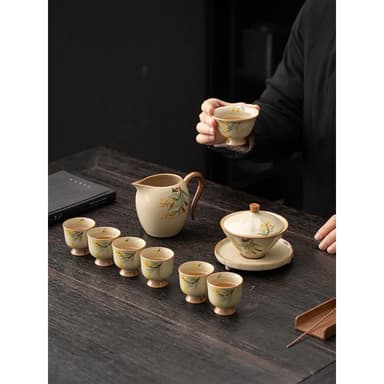 汝窯茶具套裝中式手繪枇杷高檔蓋碗茶杯送領導長輩禮盒裝